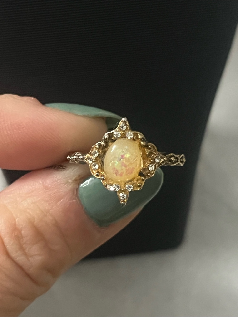 Gold Opal Look Halo Ring in Cream with Clear Accents Sz 6.5
